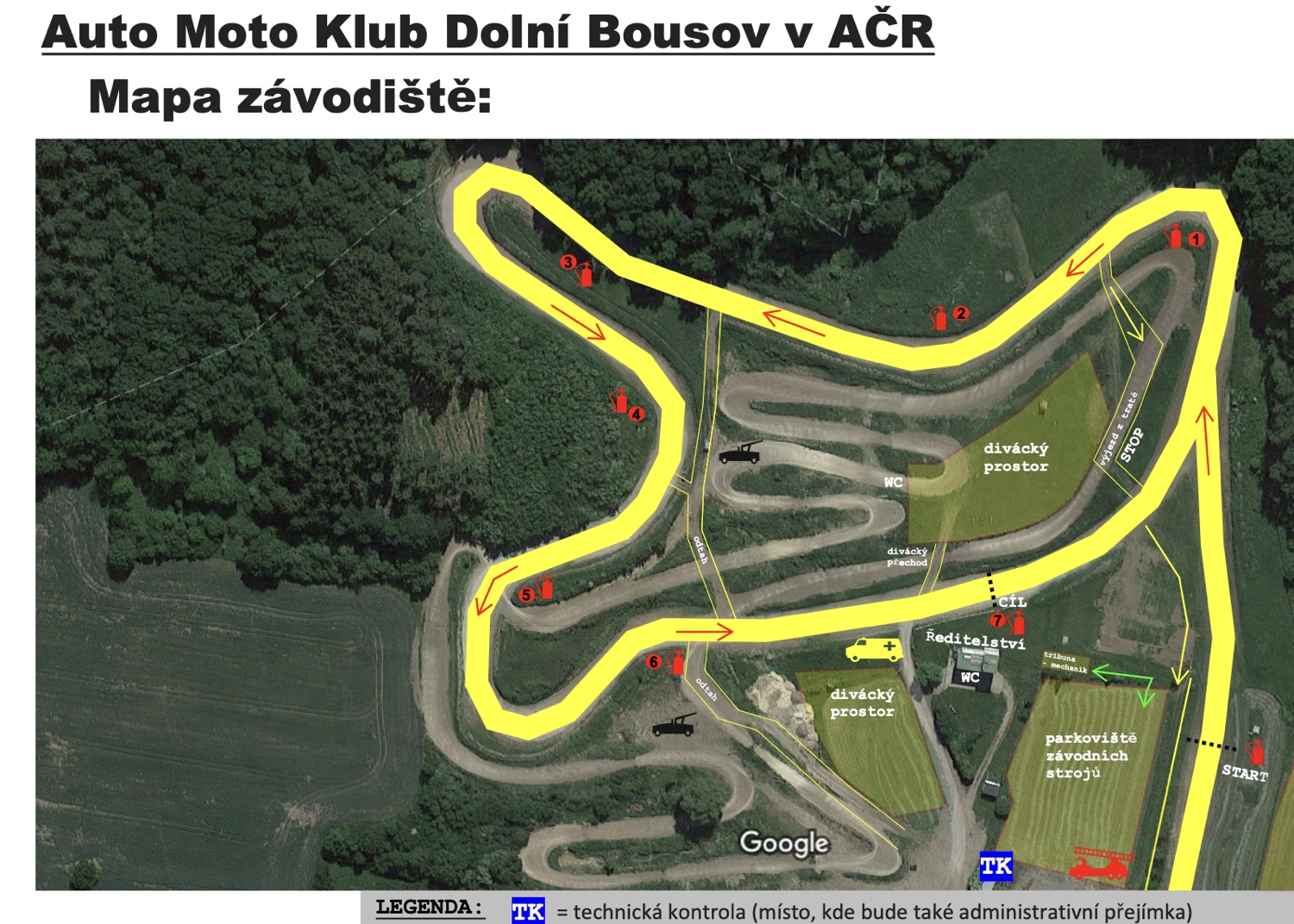 Mapa závodiště AMKDB Dolní Bousov — trať, divácké prostory, parkoviště, start a cíl, stanoviště traťových komisařů a záchranné složky
